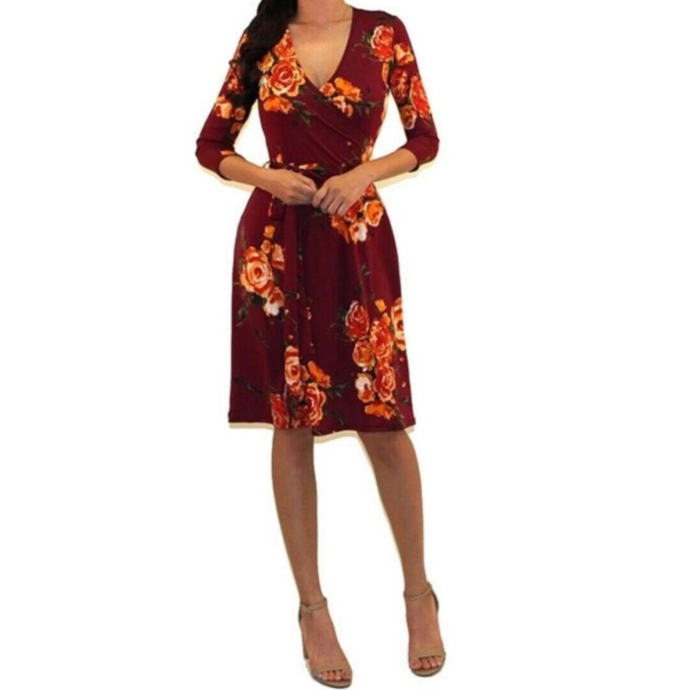 Gwen Burgundy Floral Faux Wrap Casual Party Midi Dress